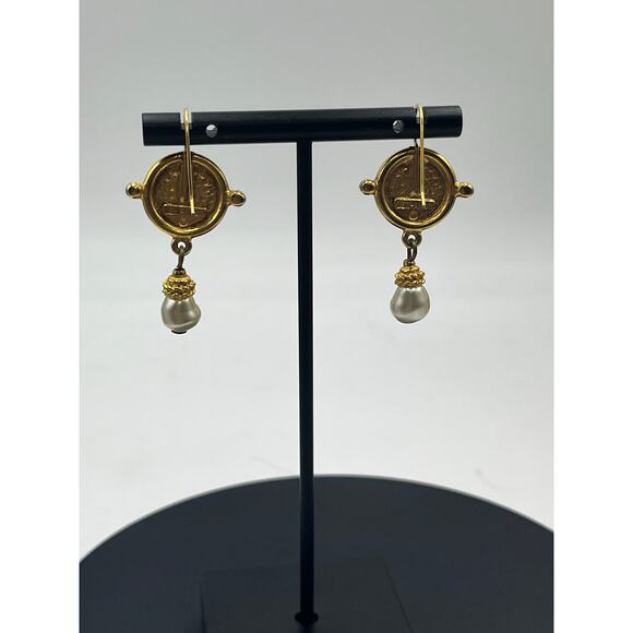 Ben-Amun Gold Plated‎ Coin Roman Inspired White Glass Pearl Dangle Earrings - Picture 2 of 8